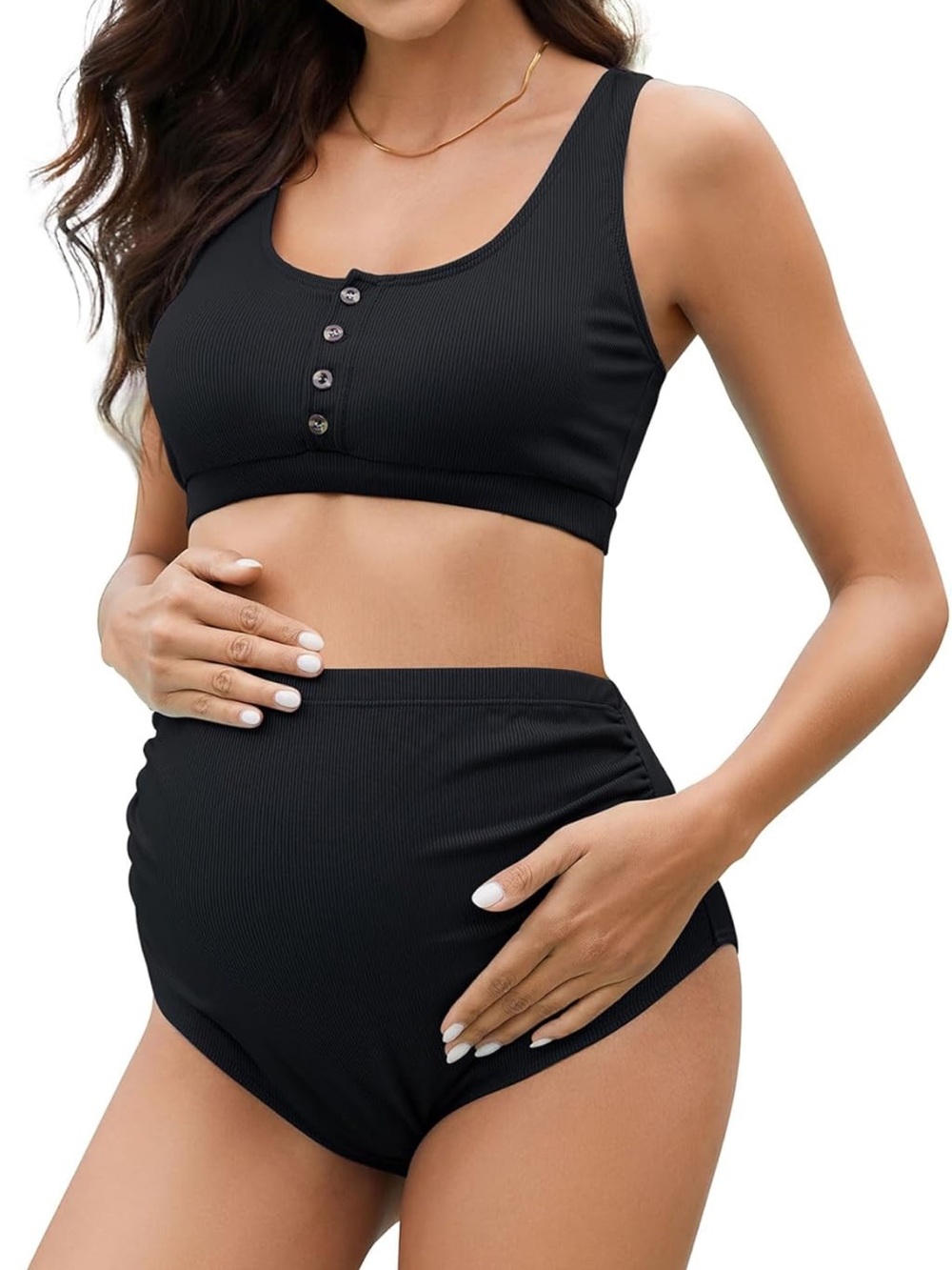 Black Maternity Ribbed Button Bikini Top & High Waist Bottoms Tankini swim suit